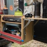 Kuechenschublade Im Minicamper Mit Klapptisch, Primus Kocher, Stanley French Press Und Kochutensilien